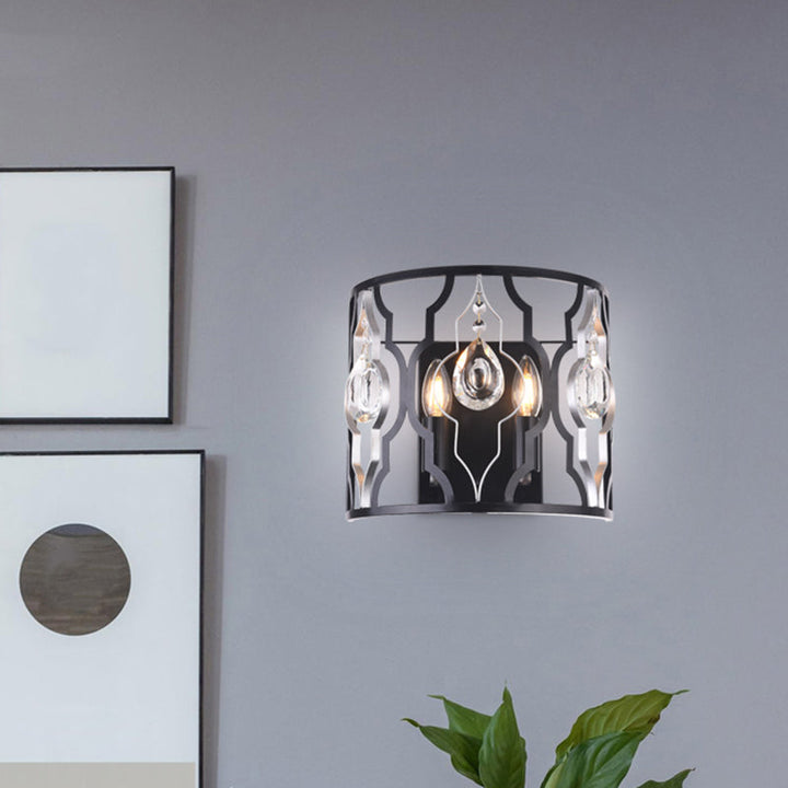 Lisslune | Metal frame Black wall light fixture Half-cylinder 2 heads Modern surface wall sconce with crystal drops