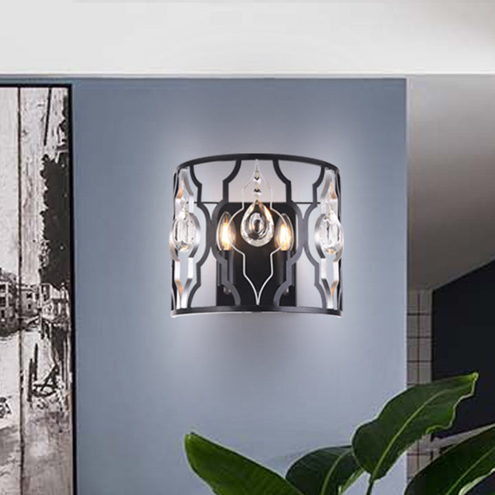 Lisslune | Metal frame Black wall light fixture Half-cylinder 2 heads Modern surface wall sconce with crystal drops
