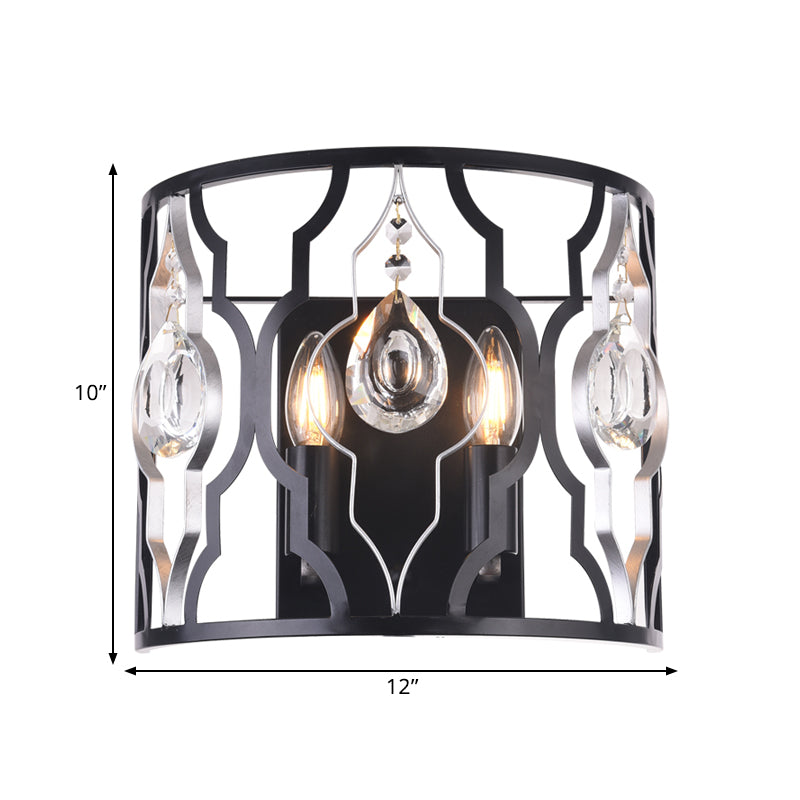 Lisslune | Metal frame Black wall light fixture Half-cylinder 2 heads Modern surface wall sconce with crystal drops