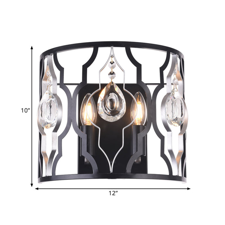 Lisslune | Metal frame Black wall light fixture Half-cylinder 2 heads Modern surface wall sconce with crystal drops