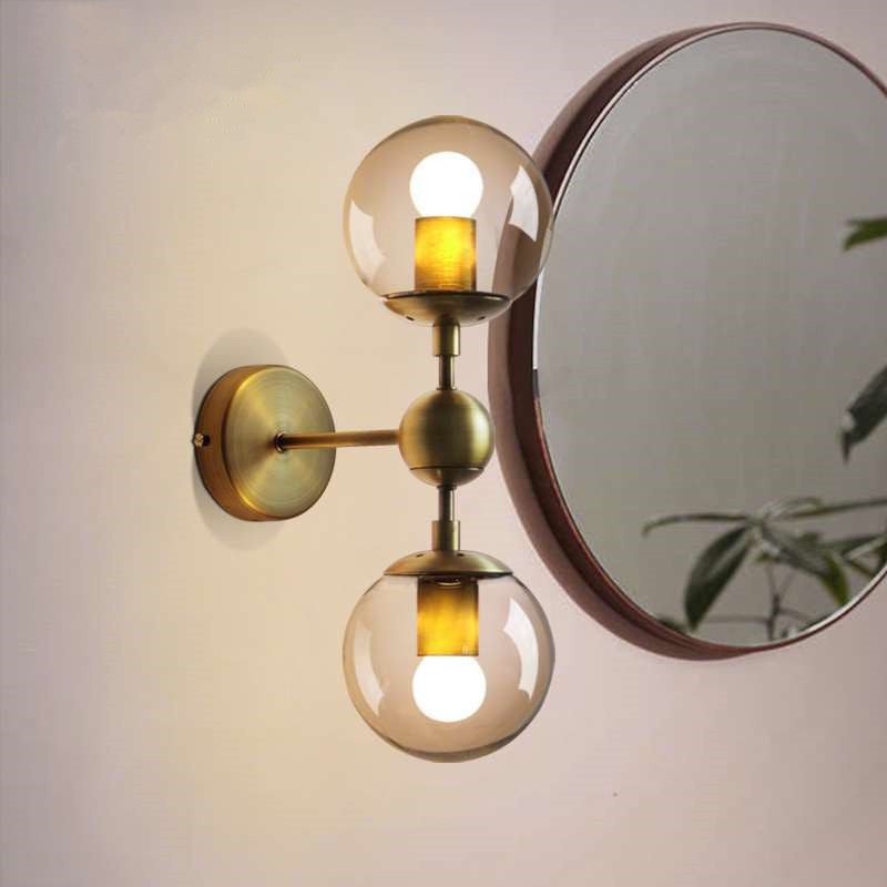 Lisslune | 1/2-Head Global Wall Mount Light with Amber Glass Shade Modernist Wall Lamp Lighting in Gold for Bedroom
