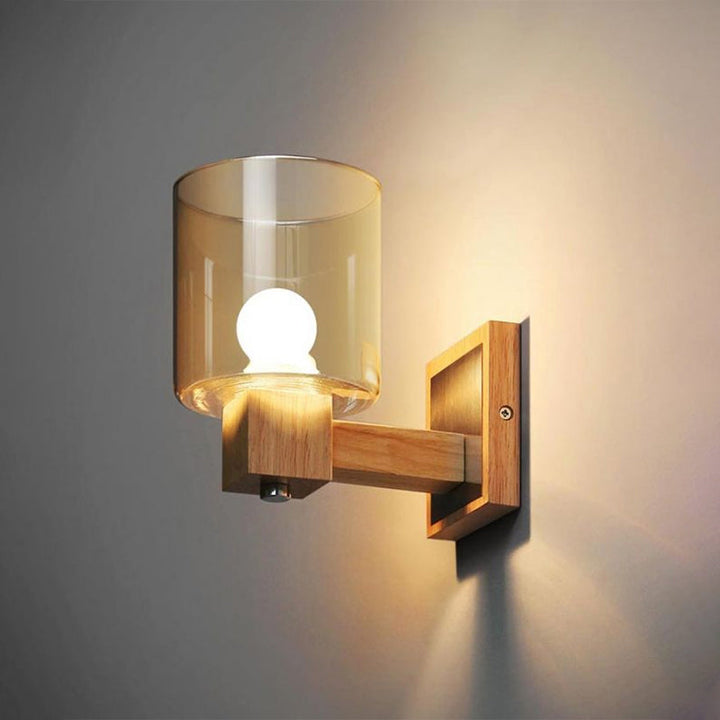 Lisslune | Cognac Glass Cylinder Wall Lamp Nordic Style 1 Light Mini Wall Sconce Made of Wood