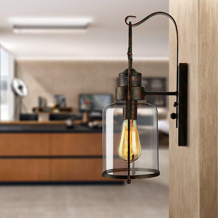 Lisslune | Cylinder clear glass wall-mounted lamp industrial single bulb living room wall sconce in black/white/rust with cage