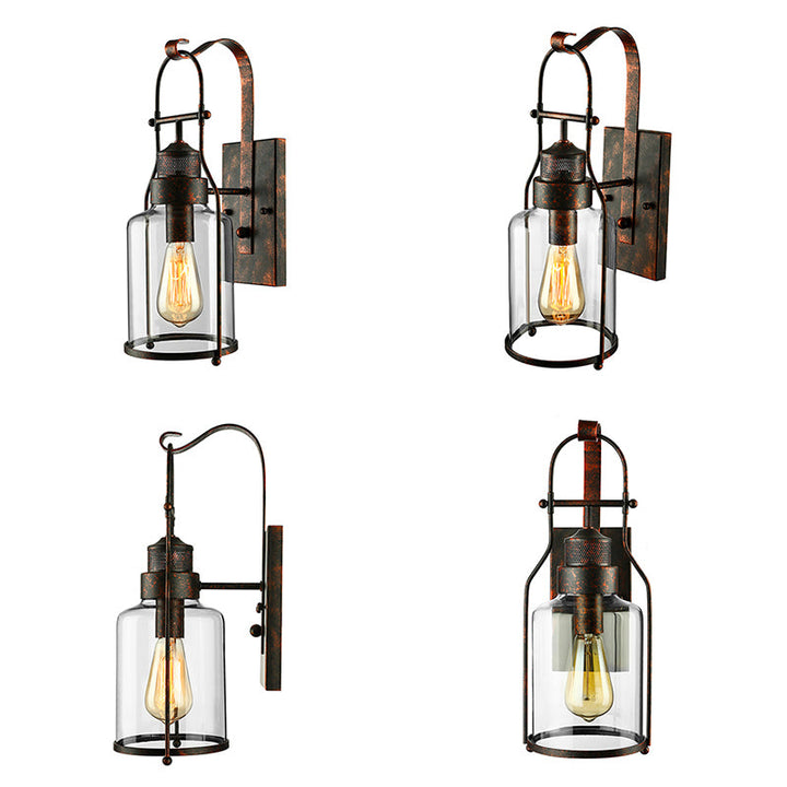Lisslune | Cylinder clear glass wall-mounted lamp industrial single bulb living room wall sconce in black/white/rust with cage