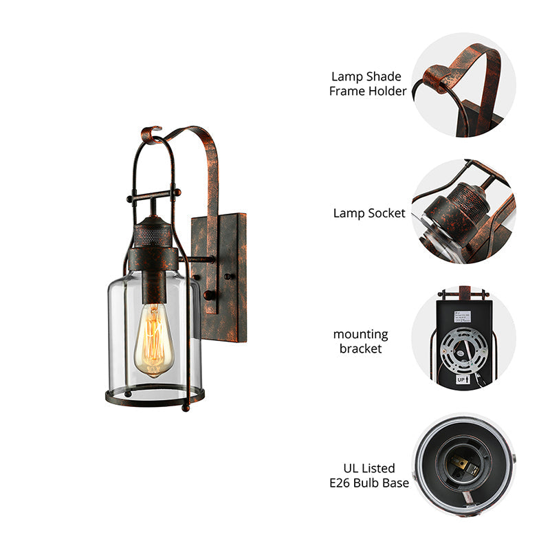 Lisslune | Cylinder clear glass wall-mounted lamp industrial single bulb living room wall sconce in black/white/rust with cage