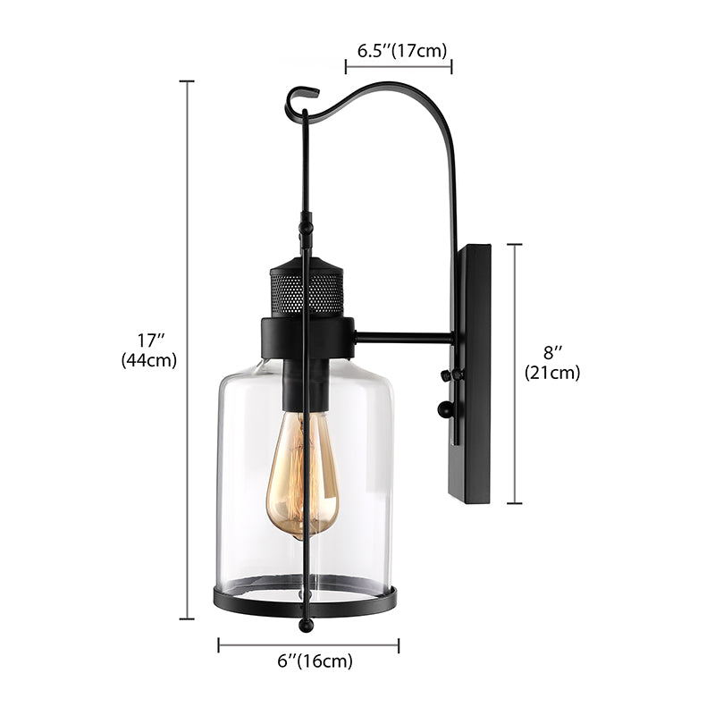 Lisslune | Cylinder clear glass wall-mounted lamp industrial single bulb living room wall sconce in black/white/rust with cage