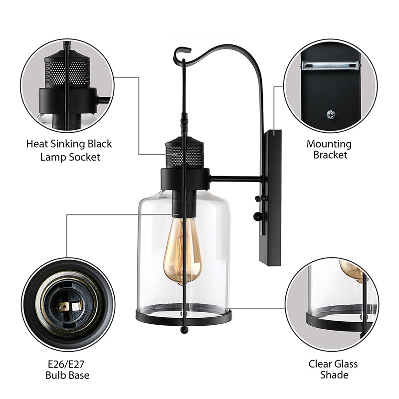 Lisslune | Cylinder clear glass wall-mounted lamp industrial single bulb living room wall sconce in black/white/rust with cage