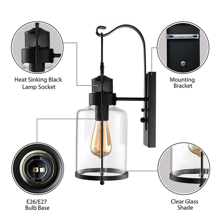 Lisslune | Cylinder clear glass wall-mounted lamp industrial single bulb living room wall sconce in black/white/rust with cage
