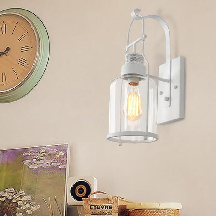 Lisslune | Cylinder clear glass wall-mounted lamp industrial single bulb living room wall sconce in black/white/rust with cage