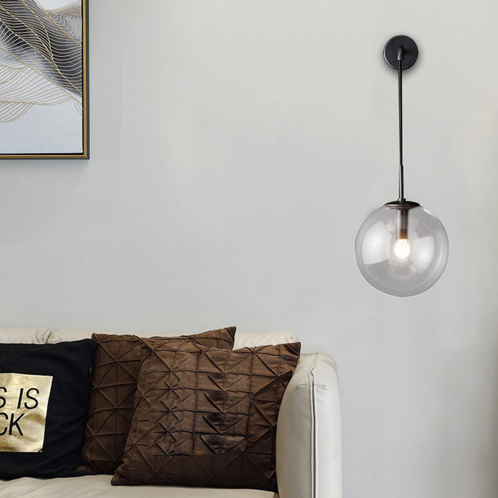 Lisslune | Round clear glass wall-mounted lamp industrial single bulb bedroom vanity wall light in chrome/brass/black, 6"/8" wide