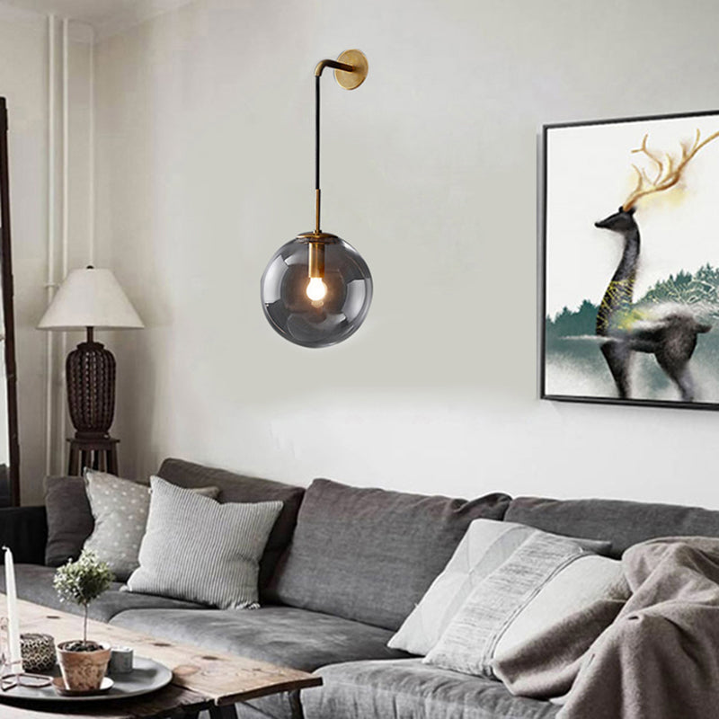 Lisslune | Modern Spherical Wall Lamp 1 Bulb Smoke Glass Wall Light in Black/Brass for the Living Room, 8"/10"