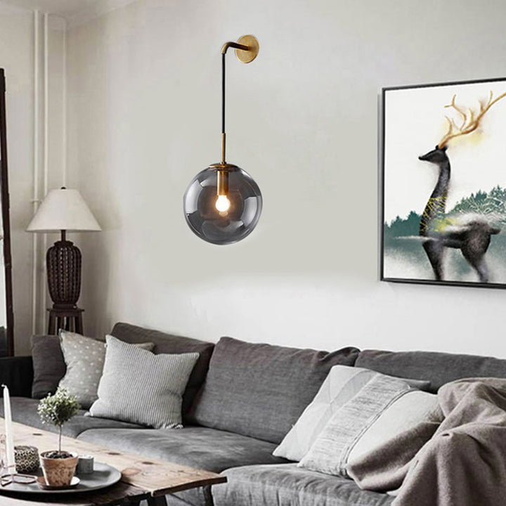 Lisslune | Modern Spherical Wall Lamp 1 Bulb Smoke Glass Wall Light in Black/Brass for the Living Room, 8"/10"