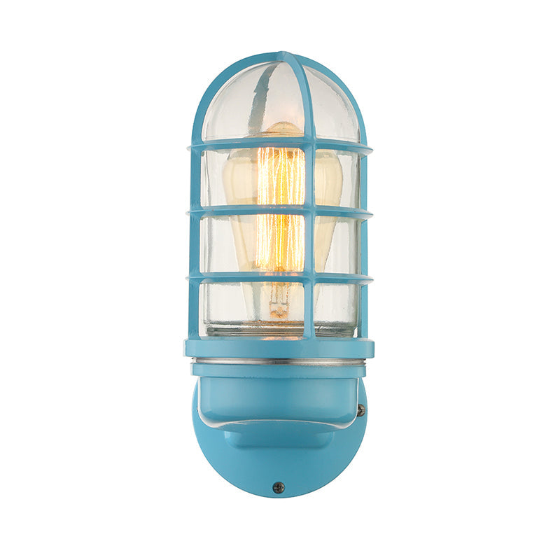 Lisslune | Cylinder Clear Glass Wall Mounted Lamp Industrial Single Bulb Living Room Wall Light in Pink/Blue/Green with Cage