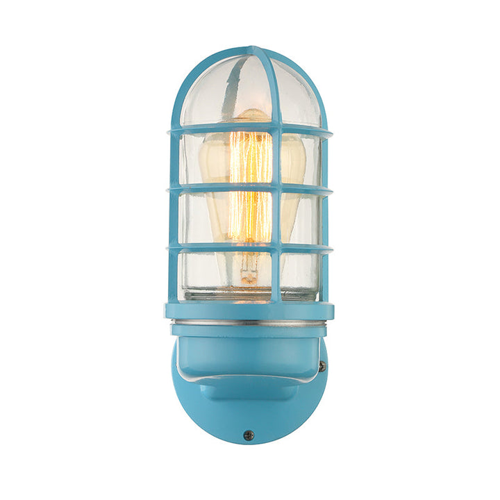 Lisslune | Cylinder Clear Glass Wall Mounted Lamp Industrial Single Bulb Living Room Wall Light in Pink/Blue/Green with Cage