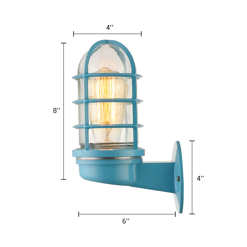 Lisslune | Cylinder Clear Glass Wall Mounted Lamp Industrial Single Bulb Living Room Wall Light in Pink/Blue/Green with Cage