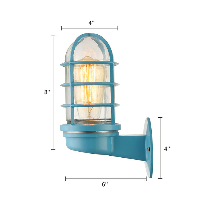 Lisslune | Cylinder Clear Glass Wall Mounted Lamp Industrial Single Bulb Living Room Wall Light in Pink/Blue/Green with Cage