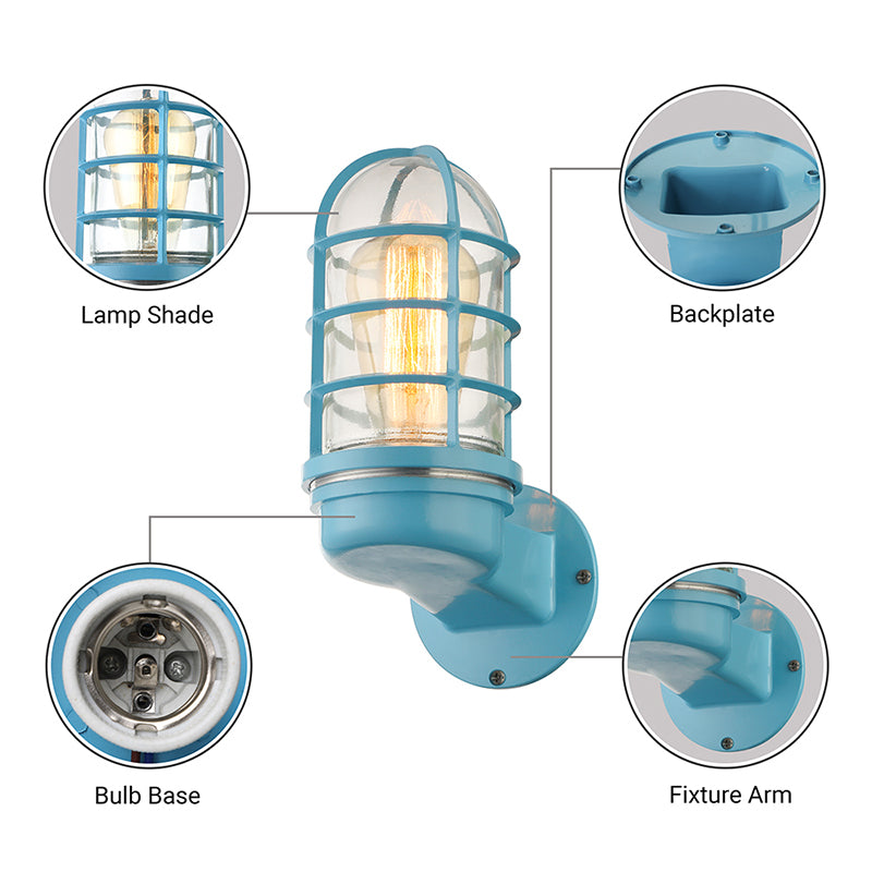 Lisslune | Cylinder Clear Glass Wall Mounted Lamp Industrial Single Bulb Living Room Wall Light in Pink/Blue/Green with Cage