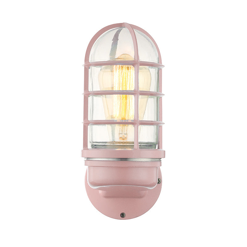 Lisslune | Cylinder Clear Glass Wall Mounted Lamp Industrial Single Bulb Living Room Wall Light in Pink/Blue/Green with Cage