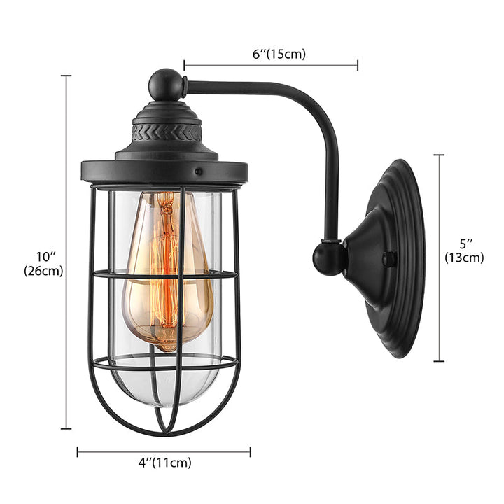 Lisslune | Industrial wire cage wall lighting 1/2-lamp clear glass wall lamp in black for stairs.