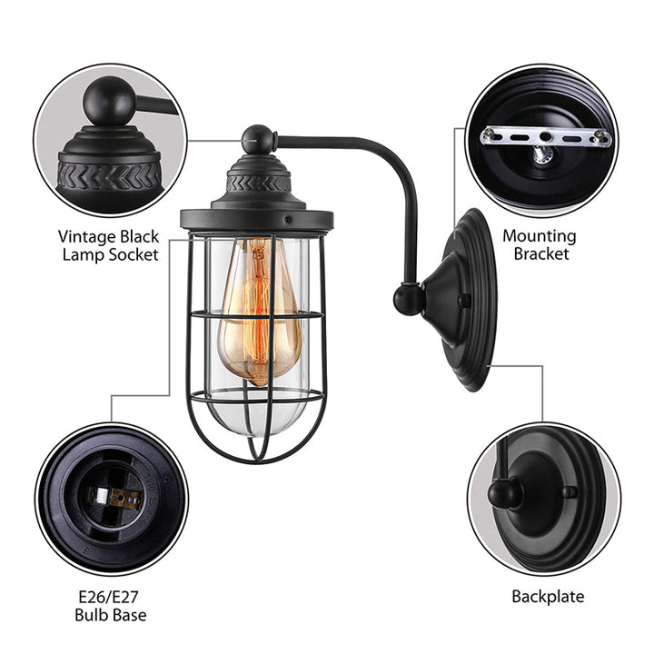 Lisslune | Industrial wire cage wall lighting 1/2-lamp clear glass wall lamp in black for stairs.