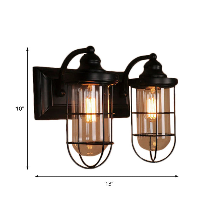 Lisslune | Industrial wire cage wall lighting 1/2-lamp clear glass wall lamp in black for stairs.