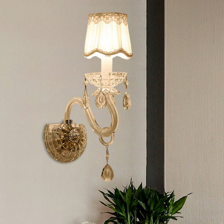 Lisslune | 1/2-Light Candles Wall Lamp Traditional White Surface Clear Crystal Wall Light with Curved Base Pleated Fabric Shade