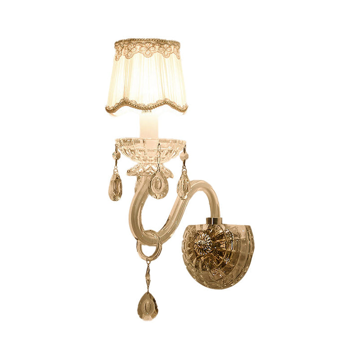Lisslune | 1/2-Light Candles Wall Lamp Traditional White Surface Clear Crystal Wall Light with Curved Base Pleated Fabric Shade