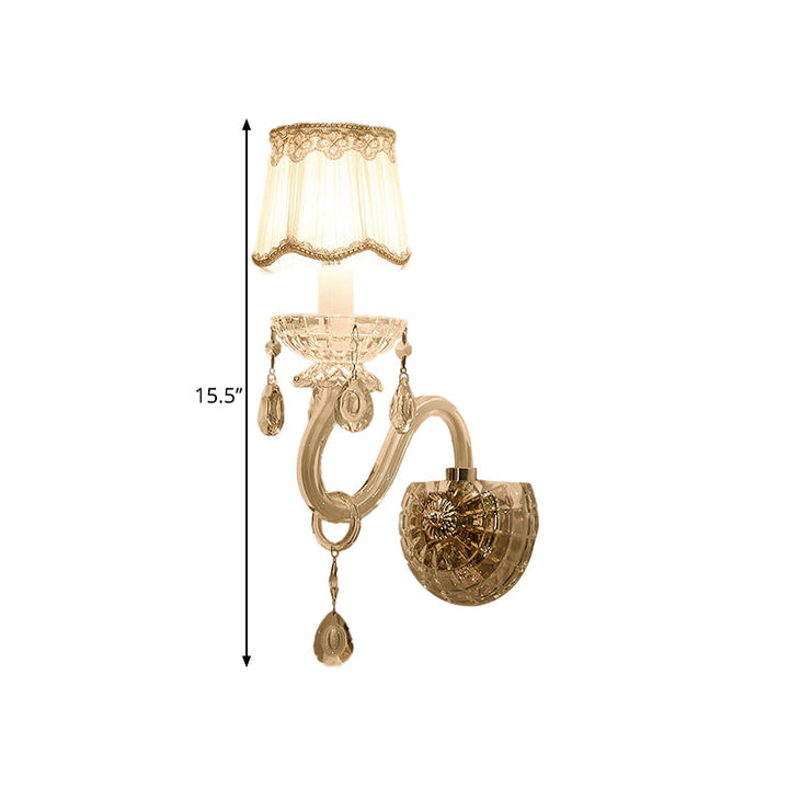 Lisslune | 1/2-Light Candles Wall Lamp Traditional White Surface Clear Crystal Wall Light with Curved Base Pleated Fabric Shade