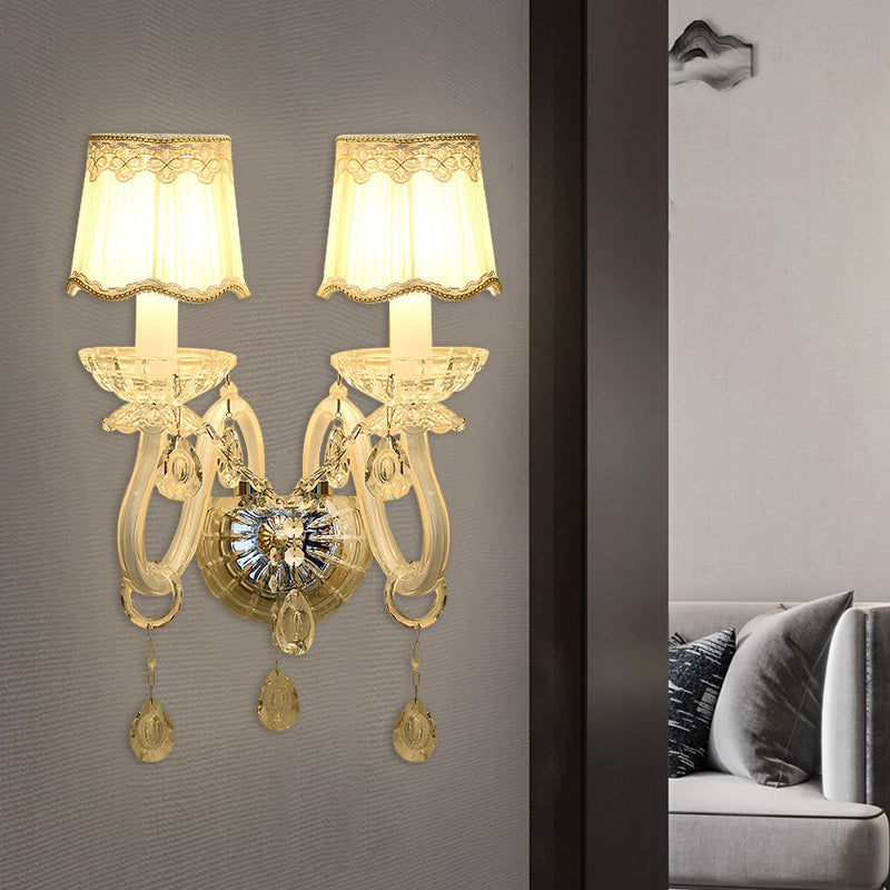 Lisslune | 1/2-Light Candles Wall Lamp Traditional White Surface Clear Crystal Wall Light with Curved Base Pleated Fabric Shade