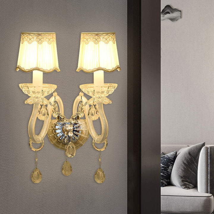 Lisslune | 1/2-Light Candles Wall Lamp Traditional White Surface Clear Crystal Wall Light with Curved Base Pleated Fabric Shade