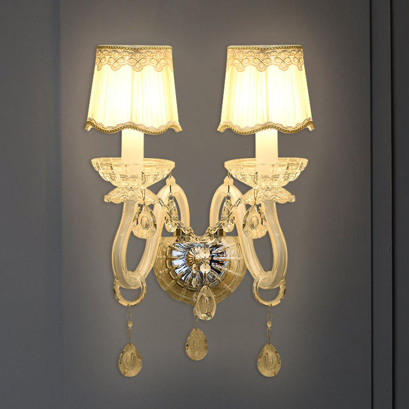 Lisslune | 1/2-Light Candles Wall Lamp Traditional White Surface Clear Crystal Wall Light with Curved Base Pleated Fabric Shade