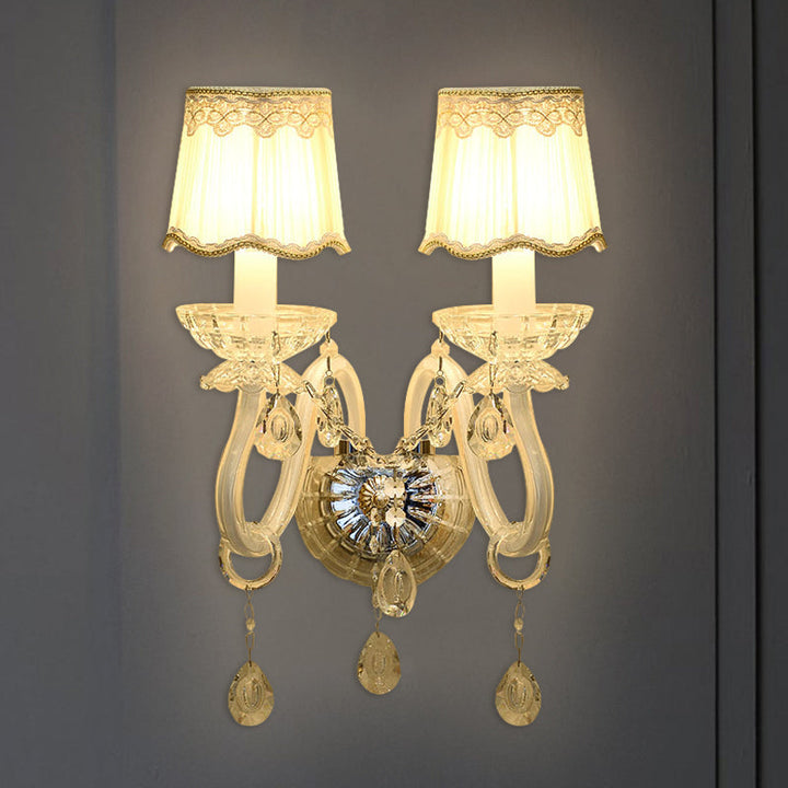 Lisslune | 1/2-Light Candles Wall Lamp Traditional White Surface Clear Crystal Wall Light with Curved Base Pleated Fabric Shade
