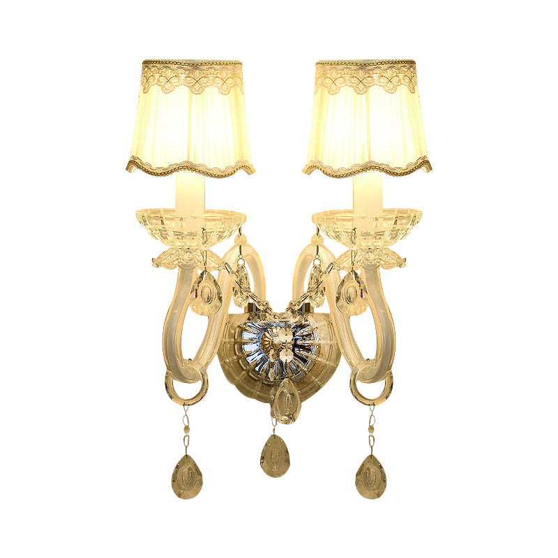 Lisslune | 1/2-Light Candles Wall Lamp Traditional White Surface Clear Crystal Wall Light with Curved Base Pleated Fabric Shade
