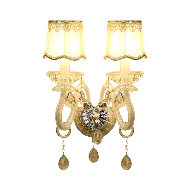 Lisslune | 1/2-Light Candles Wall Lamp Traditional White Surface Clear Crystal Wall Light with Curved Base Pleated Fabric Shade
