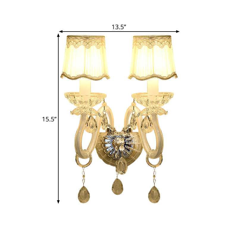 Lisslune | 1/2-Light Candles Wall Lamp Traditional White Surface Clear Crystal Wall Light with Curved Base Pleated Fabric Shade