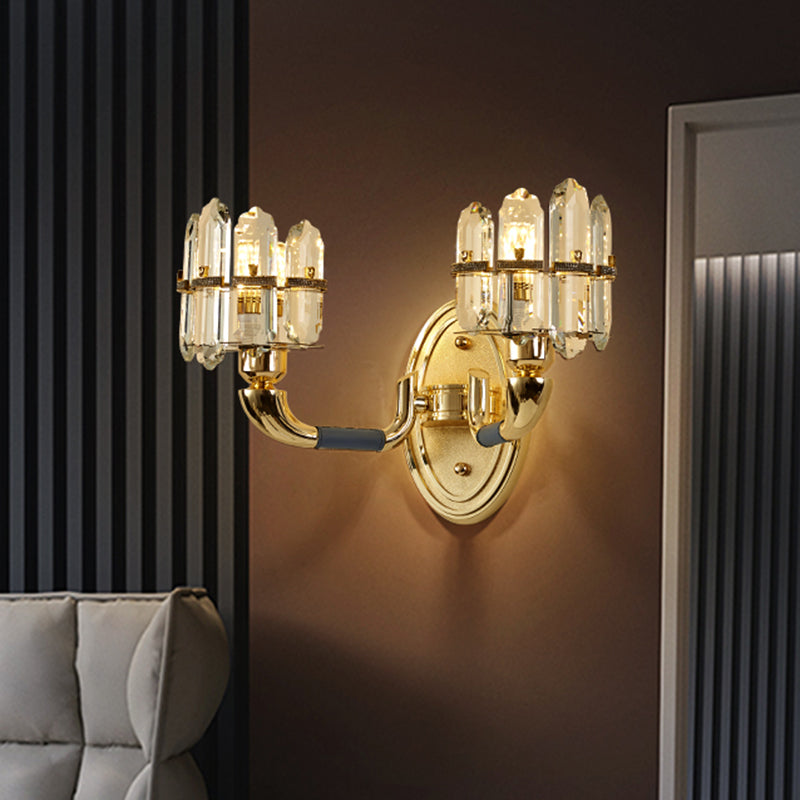 Lisslune | Post Modern Arch Wall Mount Lamp Crystal Panel 1/2-Bulb Nightstand Wall Lighting in Blue and Gold