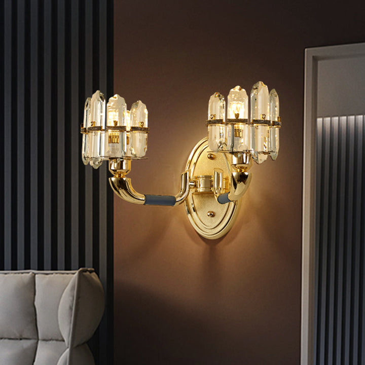 Lisslune | Post Modern Arch Wall Mount Lamp Crystal Panel 1/2-Bulb Nightstand Wall Lighting in Blue and Gold