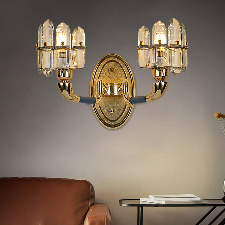 Lisslune | Post Modern Arch Wall Mount Lamp Crystal Panel 1/2-Bulb Nightstand Wall Lighting in Blue and Gold