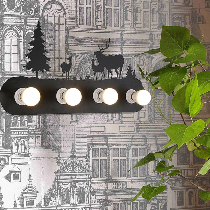 Skørter | Lodge Open Bulb Wall Lamp with Elk/Horse/Sheep/Mountain/Windmill/Tree Design 4 Light Metal Wall Lamp in Black for Indoor