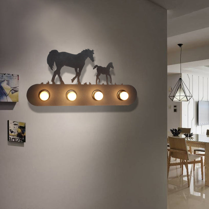 Skørter | Lodge Open Bulb Wall Lamp with Elk/Horse/Sheep/Mountain/Windmill/Tree Design 4 Light Metal Wall Lamp in Black for Indoor