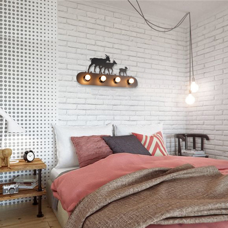 Skørter | Lodge Open Bulb Wall Lamp with Elk/Horse/Sheep/Mountain/Windmill/Tree Design 4 Light Metal Wall Lamp in Black for Indoor
