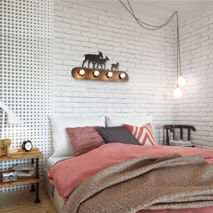 Skørter | Lodge Open Bulb Wall Lamp with Elk/Horse/Sheep/Mountain/Windmill/Tree Design 4 Light Metal Wall Lamp in Black for Indoor