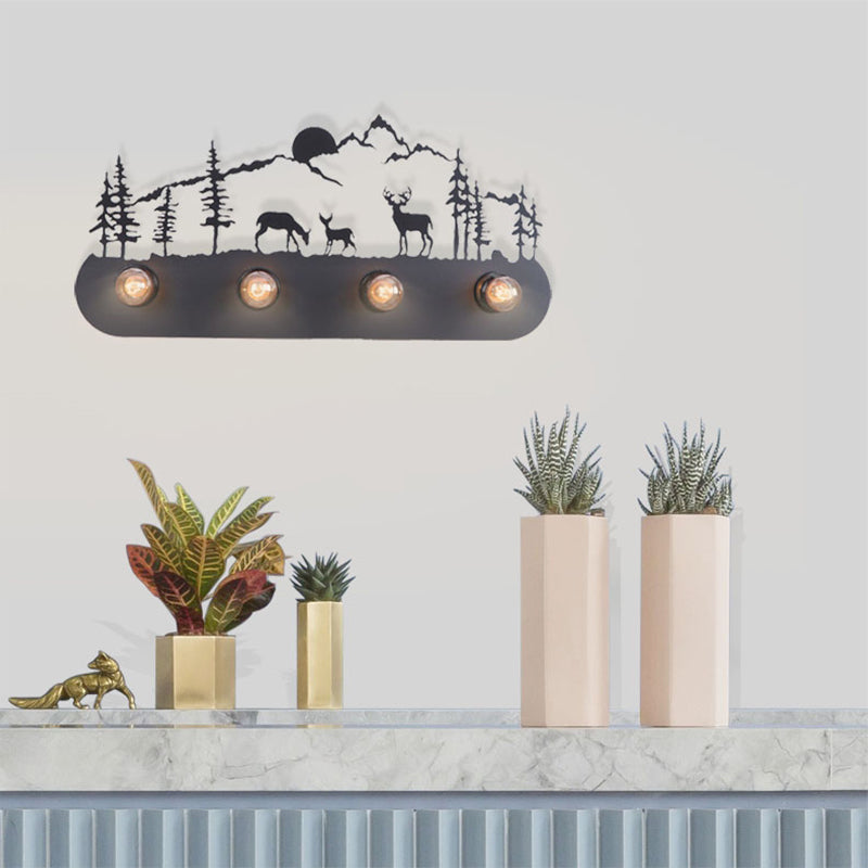 Skørter | Lodge Open Bulb Wall Lamp with Elk/Horse/Sheep/Mountain/Windmill/Tree Design 4 Light Metal Wall Lamp in Black for Indoor