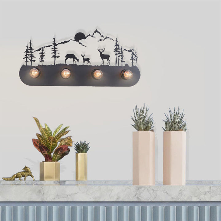 Skørter | Lodge Open Bulb Wall Lamp with Elk/Horse/Sheep/Mountain/Windmill/Tree Design 4 Light Metal Wall Lamp in Black for Indoor