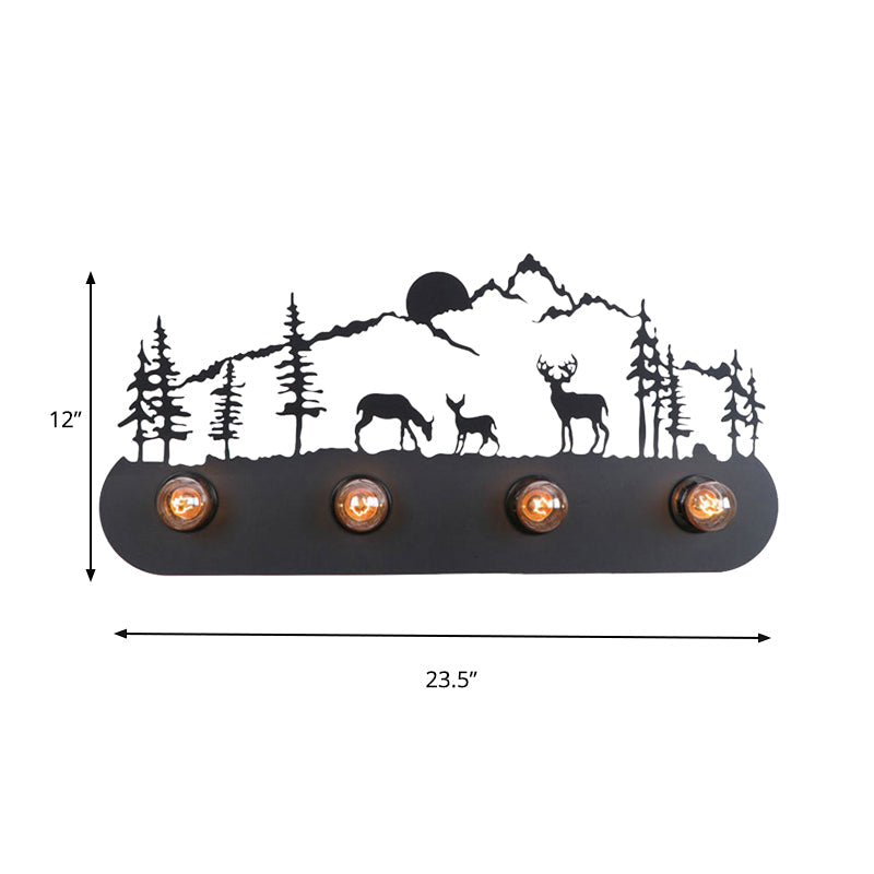 Skørter | Lodge Open Bulb Wall Lamp with Elk/Horse/Sheep/Mountain/Windmill/Tree Design 4 Light Metal Wall Lamp in Black for Indoor