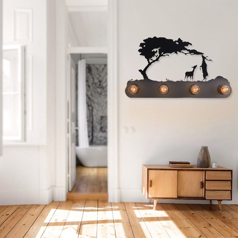 Skørter | Lodge Open Bulb Wall Lamp with Elk/Horse/Sheep/Mountain/Windmill/Tree Design 4 Light Metal Wall Lamp in Black for Indoor