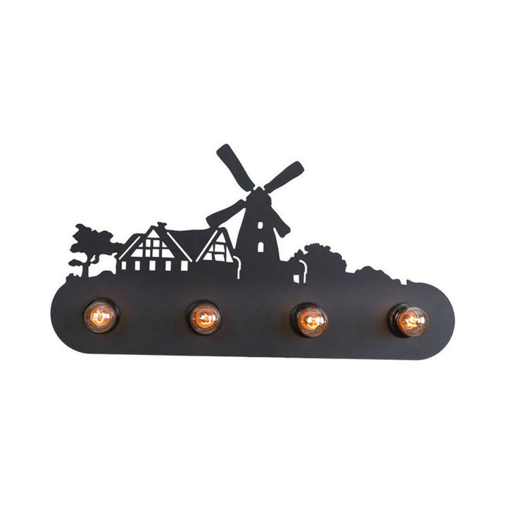 Skørter | Lodge Open Bulb Wall Lamp with Elk/Horse/Sheep/Mountain/Windmill/Tree Design 4 Light Metal Wall Lamp in Black for Indoor