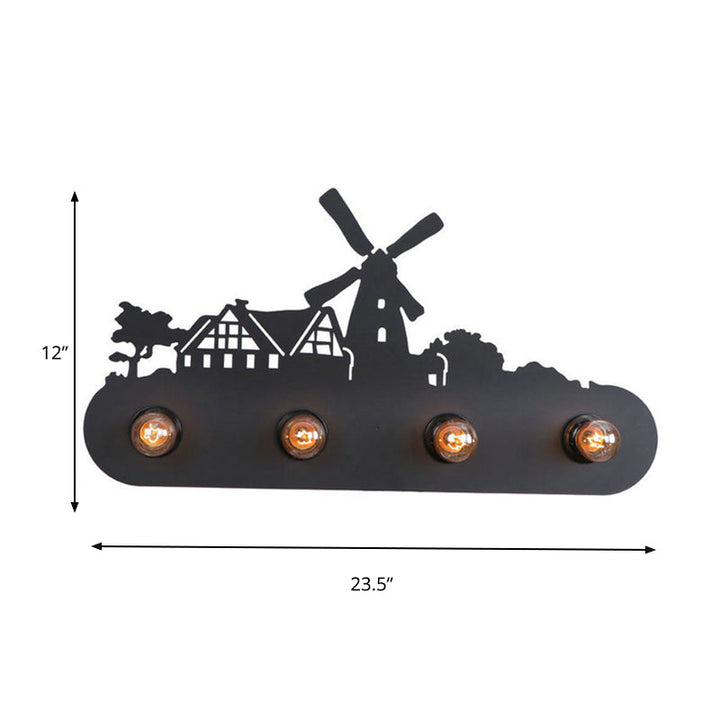 Skørter | Lodge Open Bulb Wall Lamp with Elk/Horse/Sheep/Mountain/Windmill/Tree Design 4 Light Metal Wall Lamp in Black for Indoor