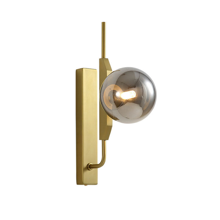 Lisslune | LED Bedroom Wall Light with Spherical Smoky/White/Amber Glass Shade Modern Brass Wall Mount Light