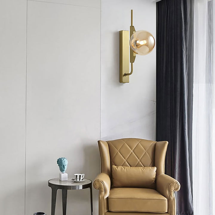 Lisslune | LED Bedroom Wall Light with Spherical Smoky/White/Amber Glass Shade Modern Brass Wall Mount Light